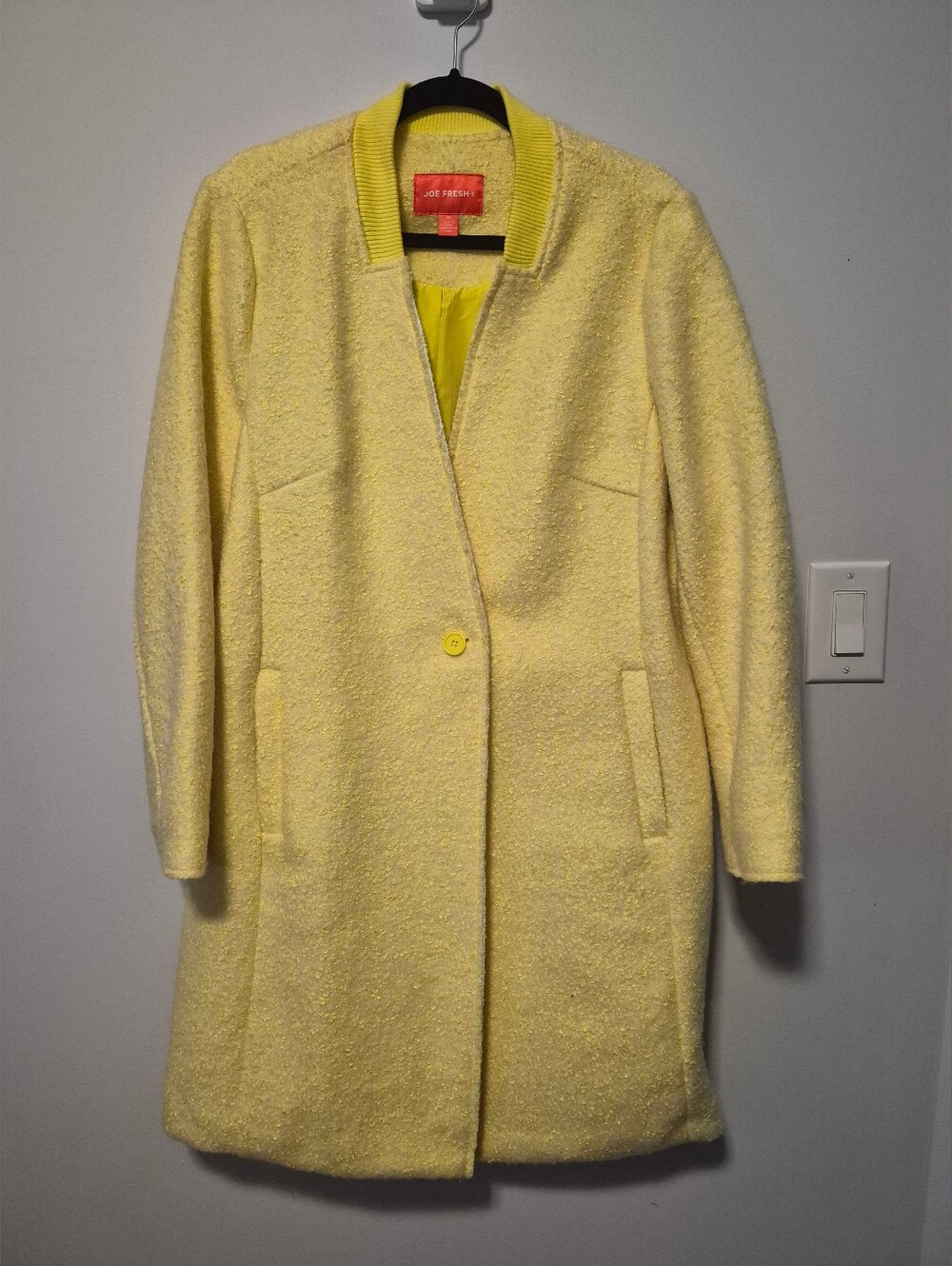 Neon Yellow Bouclé Long Coat, Plus Size 1X